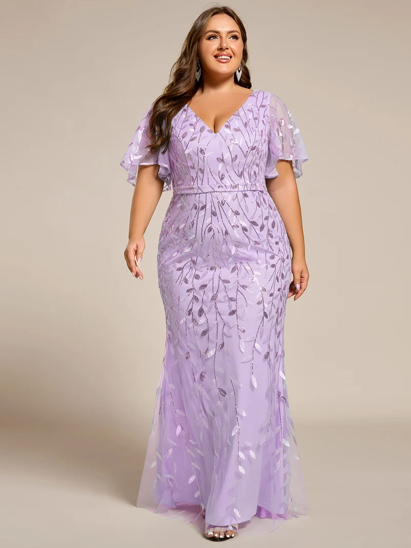 pretty DIONE|Robe de soirée sirène à paillettes et tulle à col en V grande taille