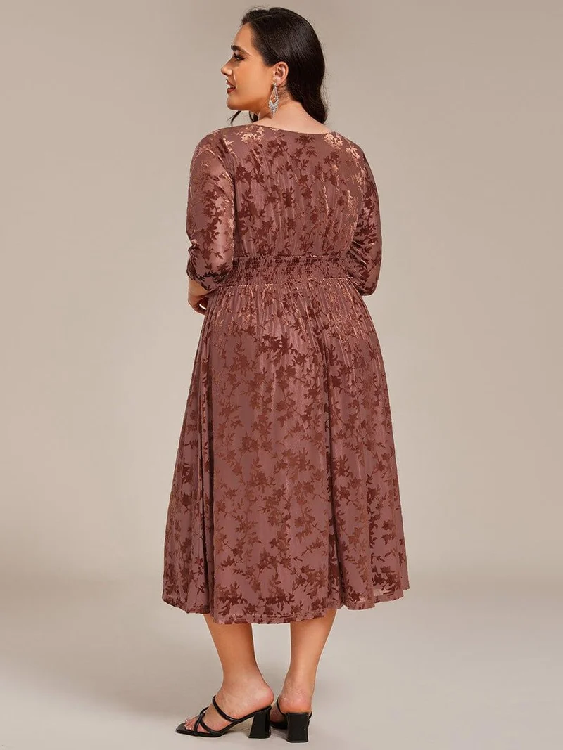 ever NYRA|Robe d'invitée de mariage plissée à manches 3/4 en velours fleuri