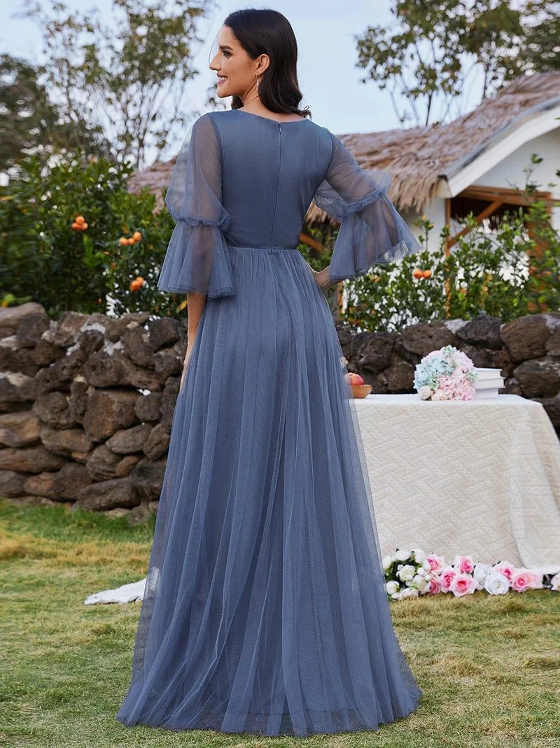 ever HEIDY|Robe longue de demoiselle d'honneur fendue à manches longues lanterne(Vente finale)