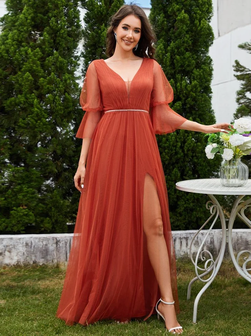 ever HEIDY|Robe longue de demoiselle d'honneur fendue à manches longues lanterne(Vente finale)