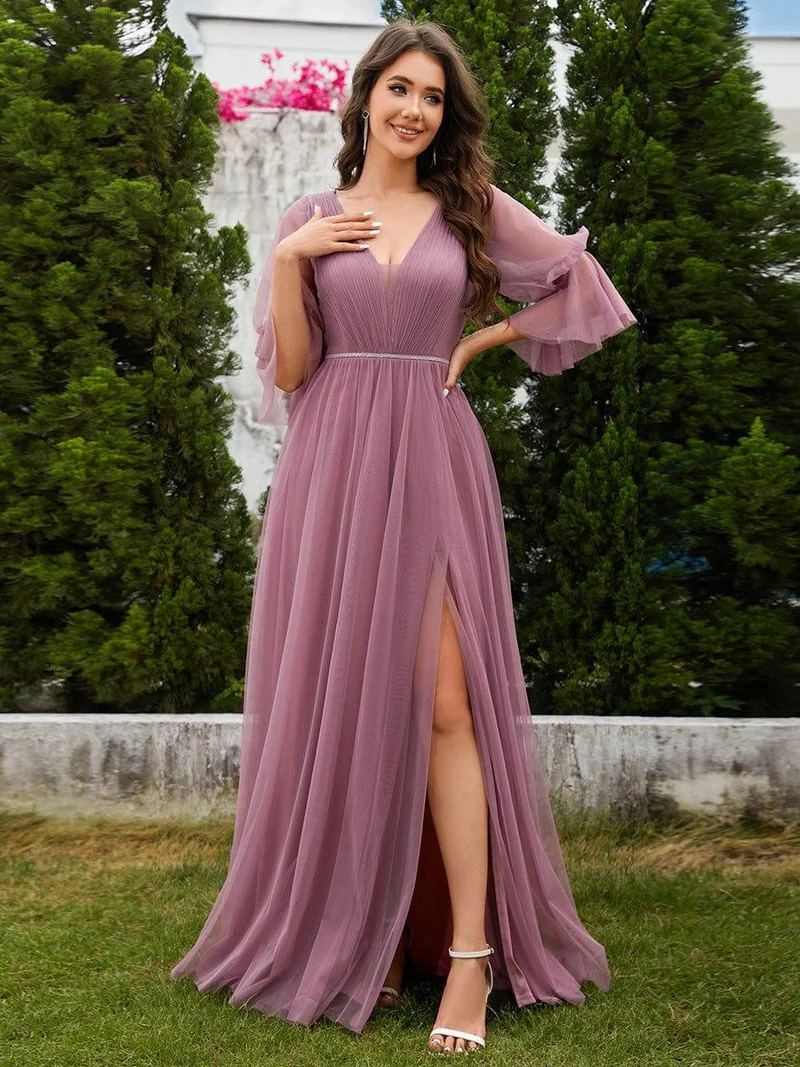 ever HEIDY|Robe longue de demoiselle d'honneur fendue à manches longues lanterne(Vente finale)