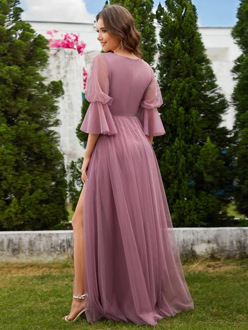 ever HEIDY|Robe longue de demoiselle d'honneur fendue à manches longues lanterne(Vente finale)