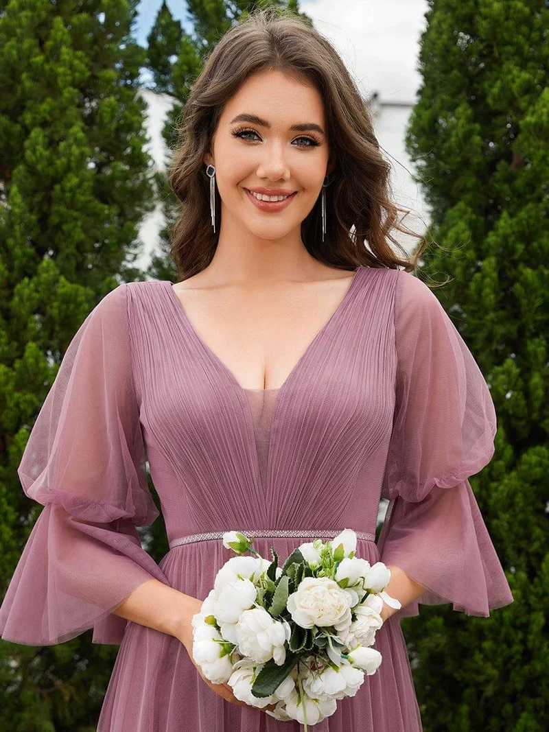 ever HEIDY|Robe longue de demoiselle d'honneur fendue à manches longues lanterne(Vente finale)