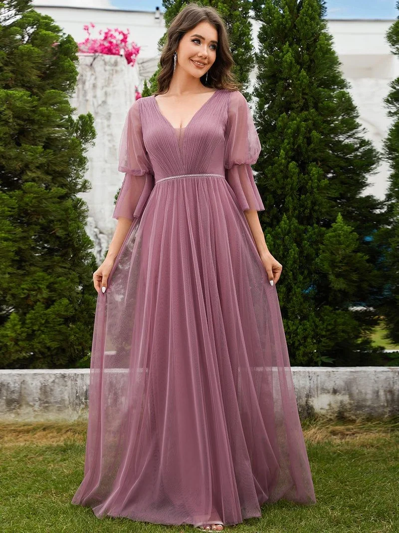 ever HEIDY|Robe longue de demoiselle d'honneur fendue à manches longues lanterne(Vente finale)