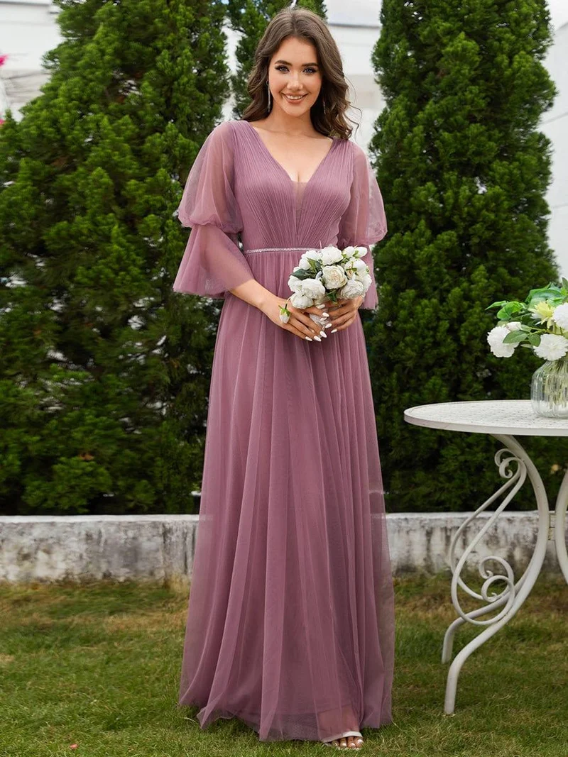 ever HEIDY|Robe longue de demoiselle d'honneur fendue à manches longues lanterne(Vente finale)
