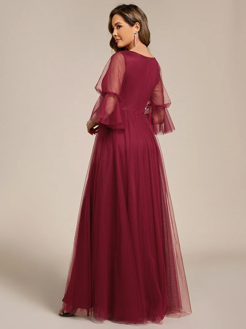 ever HEIDY|Robe longue de demoiselle d'honneur fendue à manches longues lanterne(Vente finale)