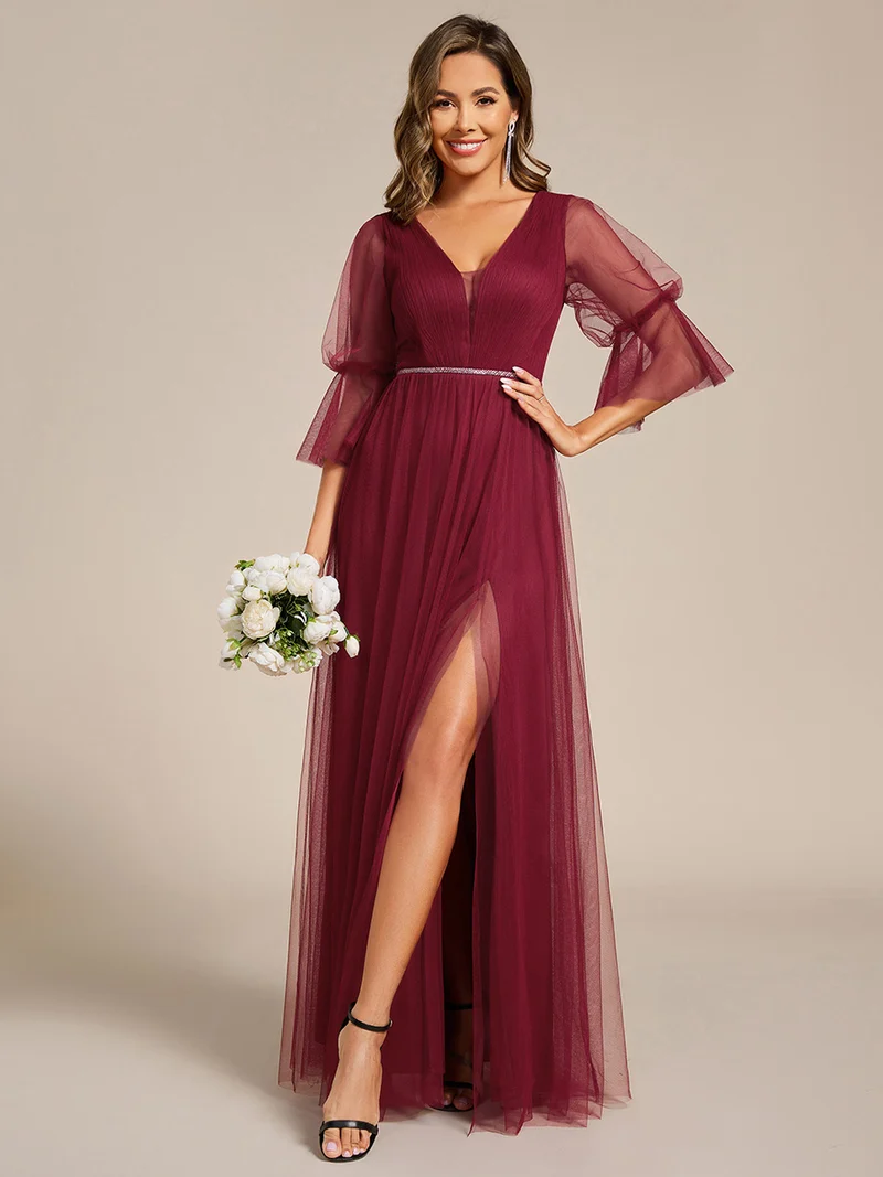 ever HEIDY|Robe longue de demoiselle d'honneur fendue à manches longues lanterne(Vente finale)