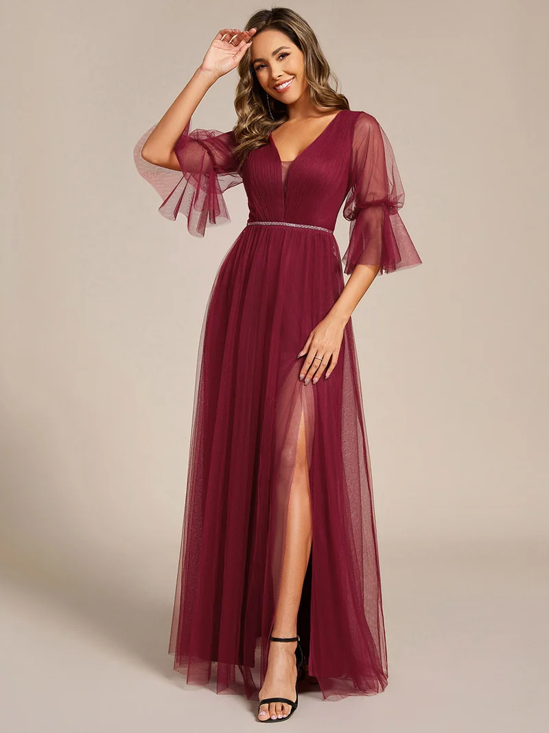ever HEIDY|Robe longue de demoiselle d'honneur fendue à manches longues lanterne(Vente finale)