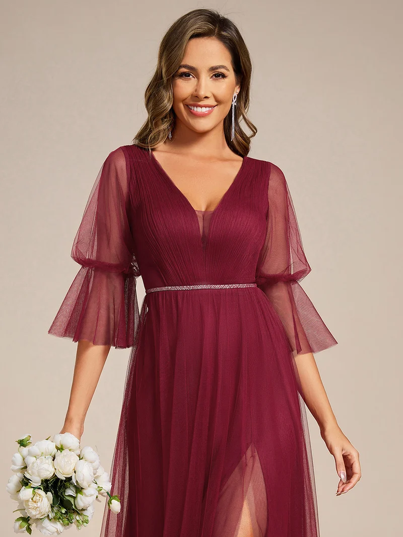 ever HEIDY|Robe longue de demoiselle d'honneur fendue à manches longues lanterne(Vente finale)