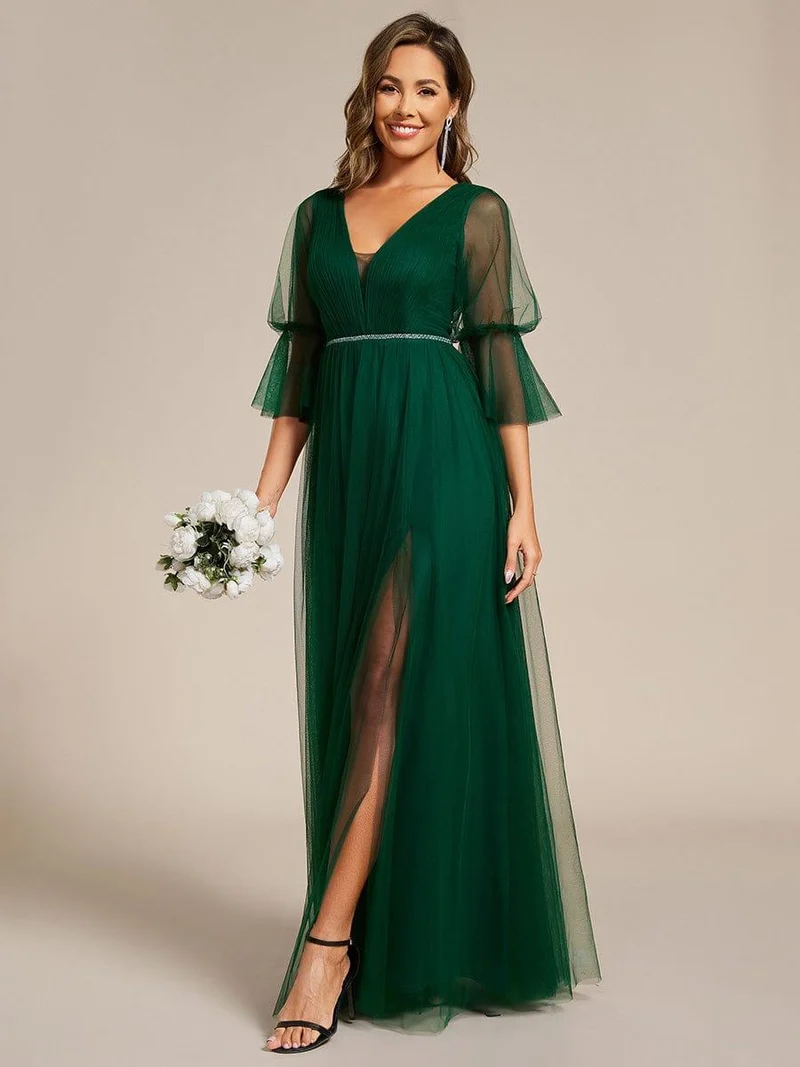 ever HEIDY|Robe longue de demoiselle d'honneur fendue à manches longues lanterne(Vente finale)