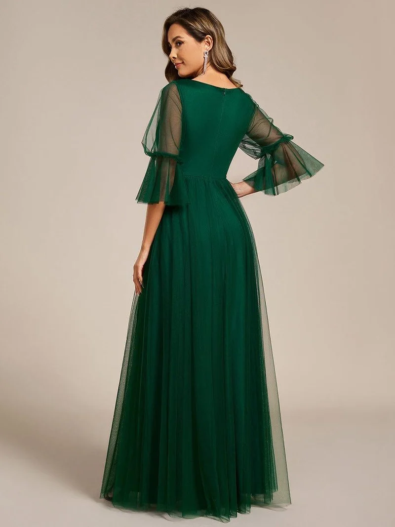 ever HEIDY|Robe longue de demoiselle d'honneur fendue à manches longues lanterne(Vente finale)