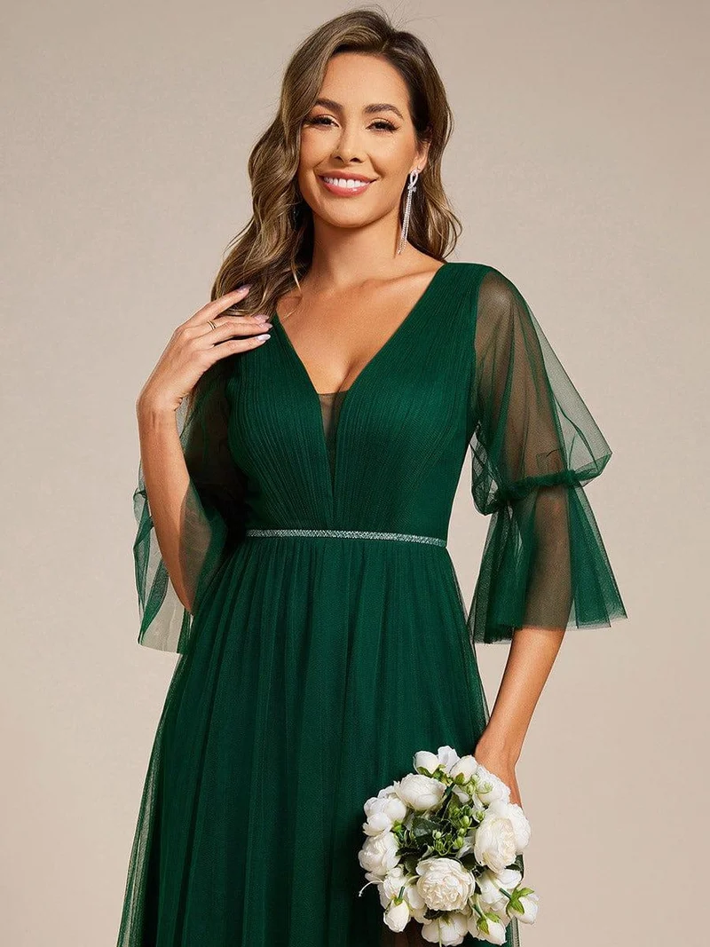 ever HEIDY|Robe longue de demoiselle d'honneur fendue à manches longues lanterne(Vente finale)