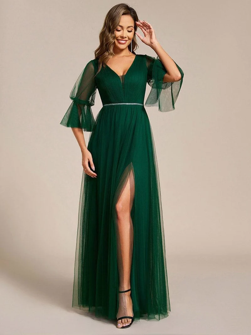 ever HEIDY|Robe longue de demoiselle d'honneur fendue à manches longues lanterne(Vente finale)