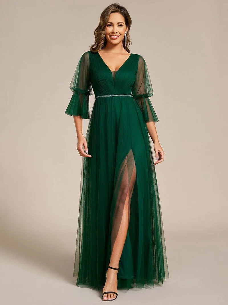 ever HEIDY|Robe longue de demoiselle d'honneur fendue à manches longues lanterne(Vente finale)