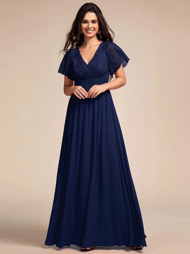 ever ROBYN|Robe longue de demoiselle d'honneur à manches flottantes et col en V en dentelle