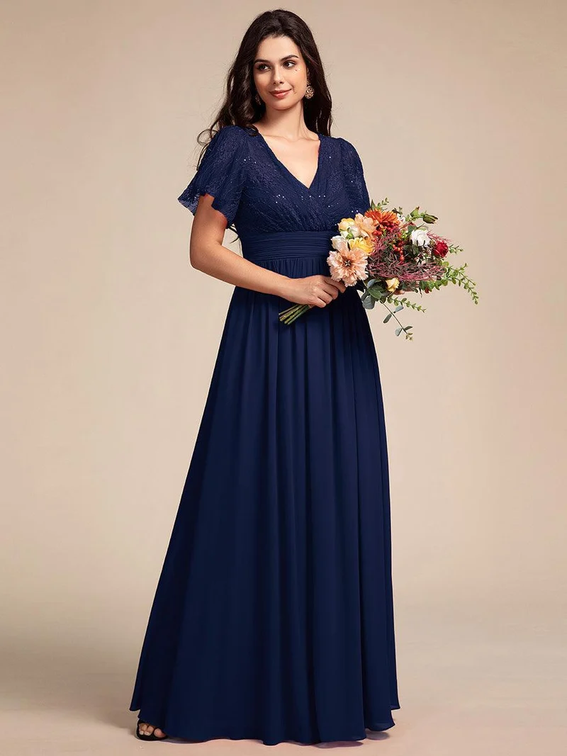 ever ROBYN|Robe longue de demoiselle d'honneur à manches flottantes et col en V en dentelle
