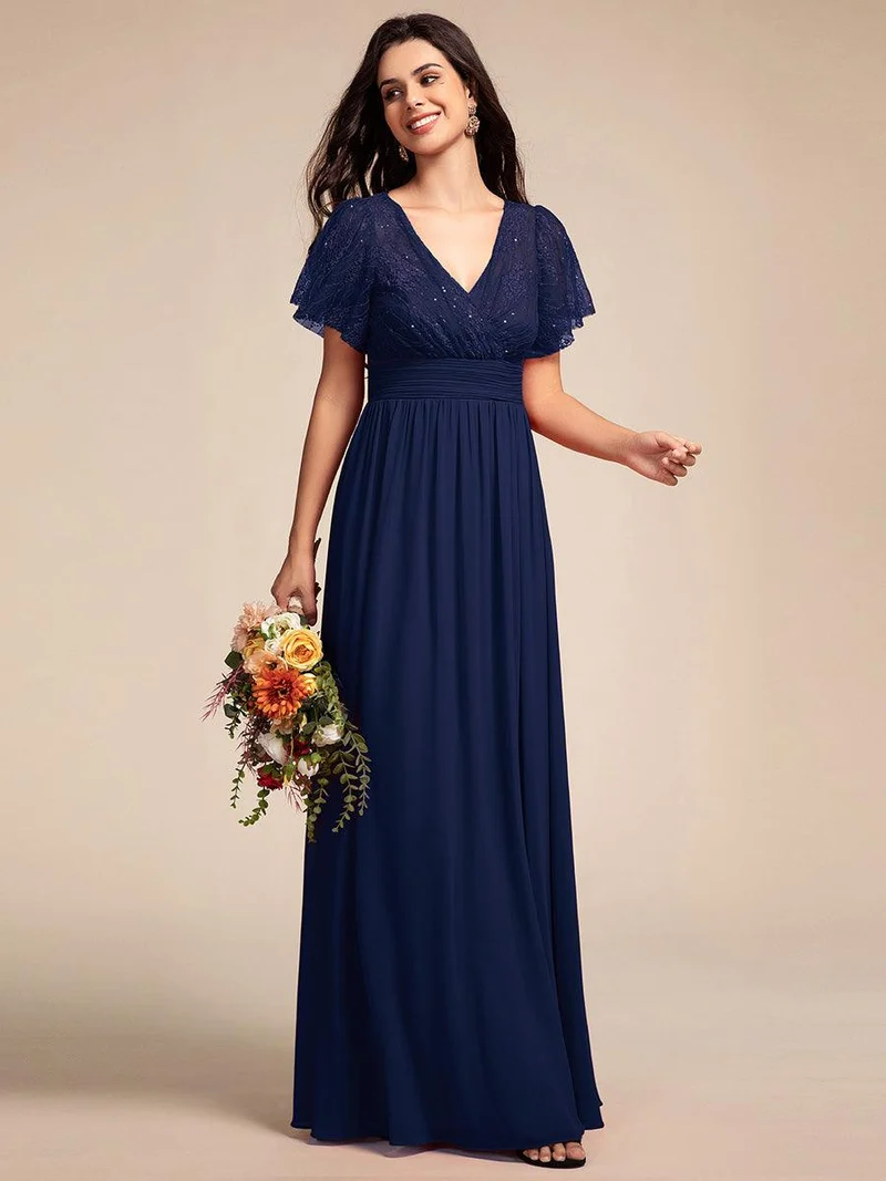 ever ROBYN|Robe longue de demoiselle d'honneur à manches flottantes et col en V en dentelle