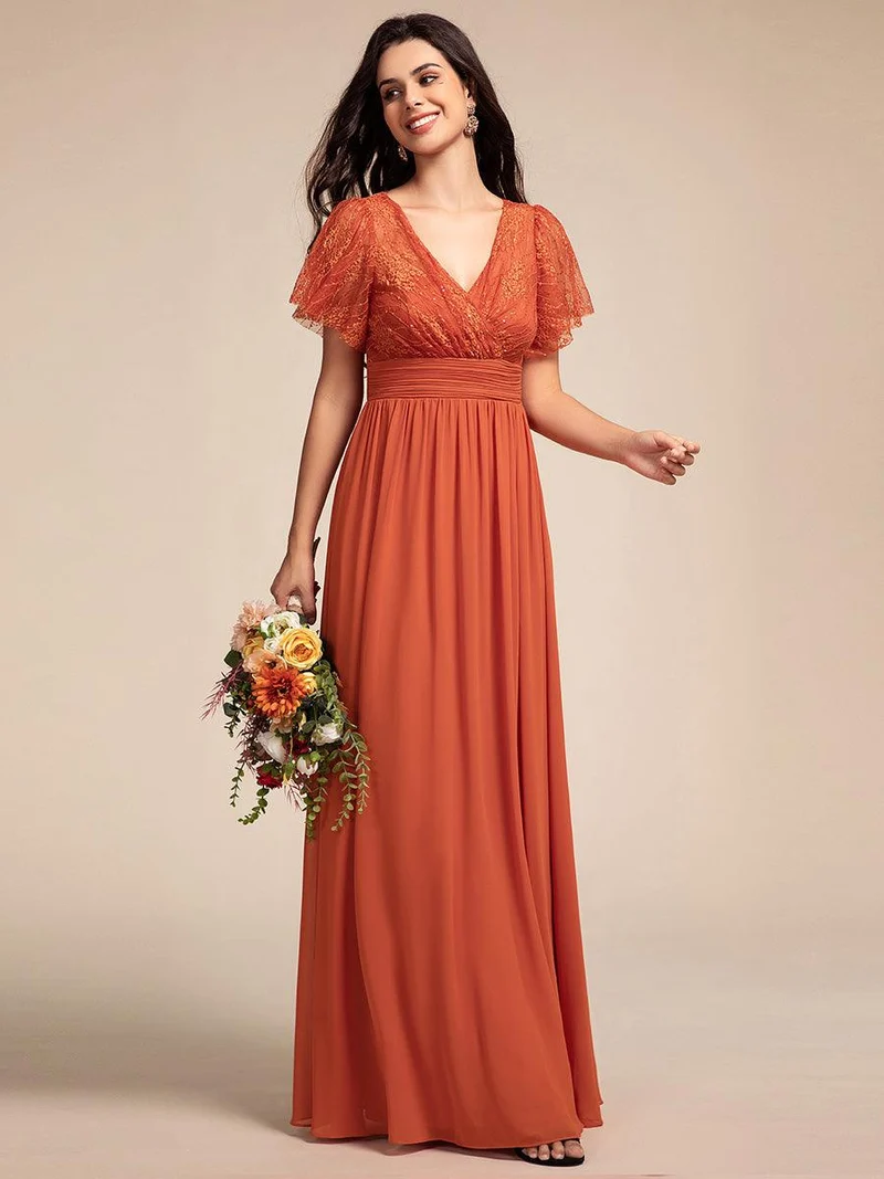 ever ROBYN|Robe longue de demoiselle d'honneur à manches flottantes et col en V en dentelle