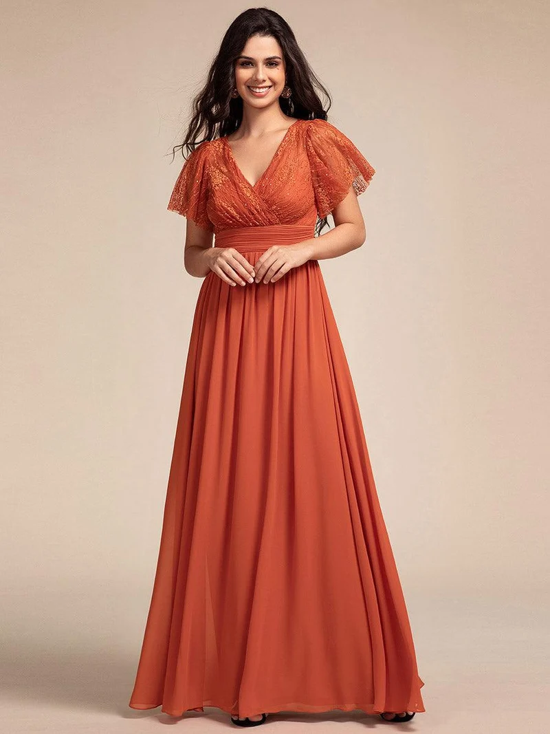 ever ROBYN|Robe longue de demoiselle d'honneur à manches flottantes et col en V en dentelle