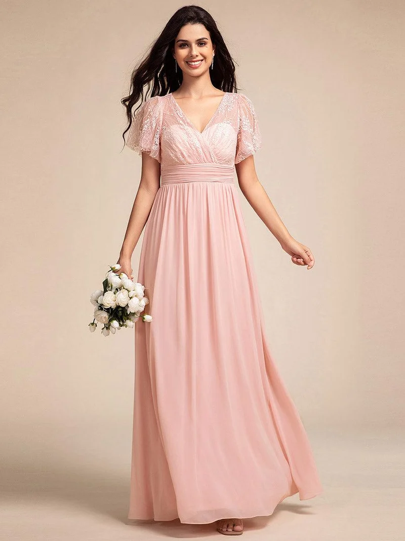 ever ROBYN|Robe longue de demoiselle d'honneur à manches flottantes et col en V en dentelle
