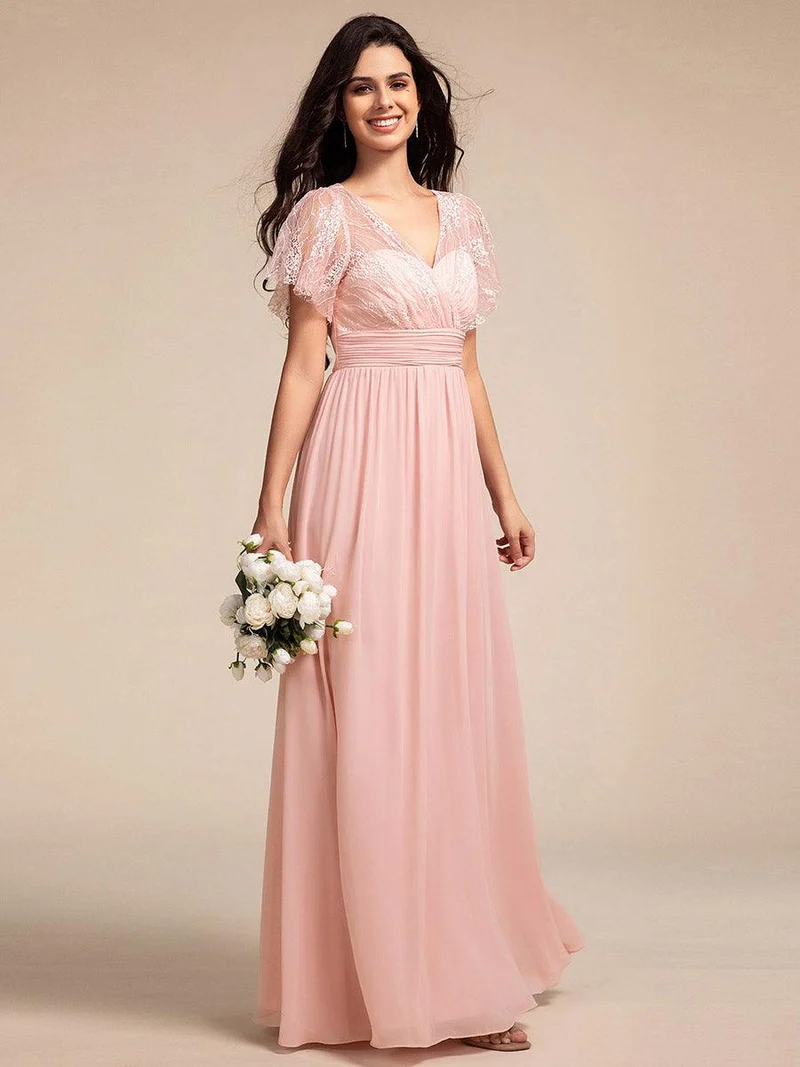 ever ROBYN|Robe longue de demoiselle d'honneur à manches flottantes et col en V en dentelle