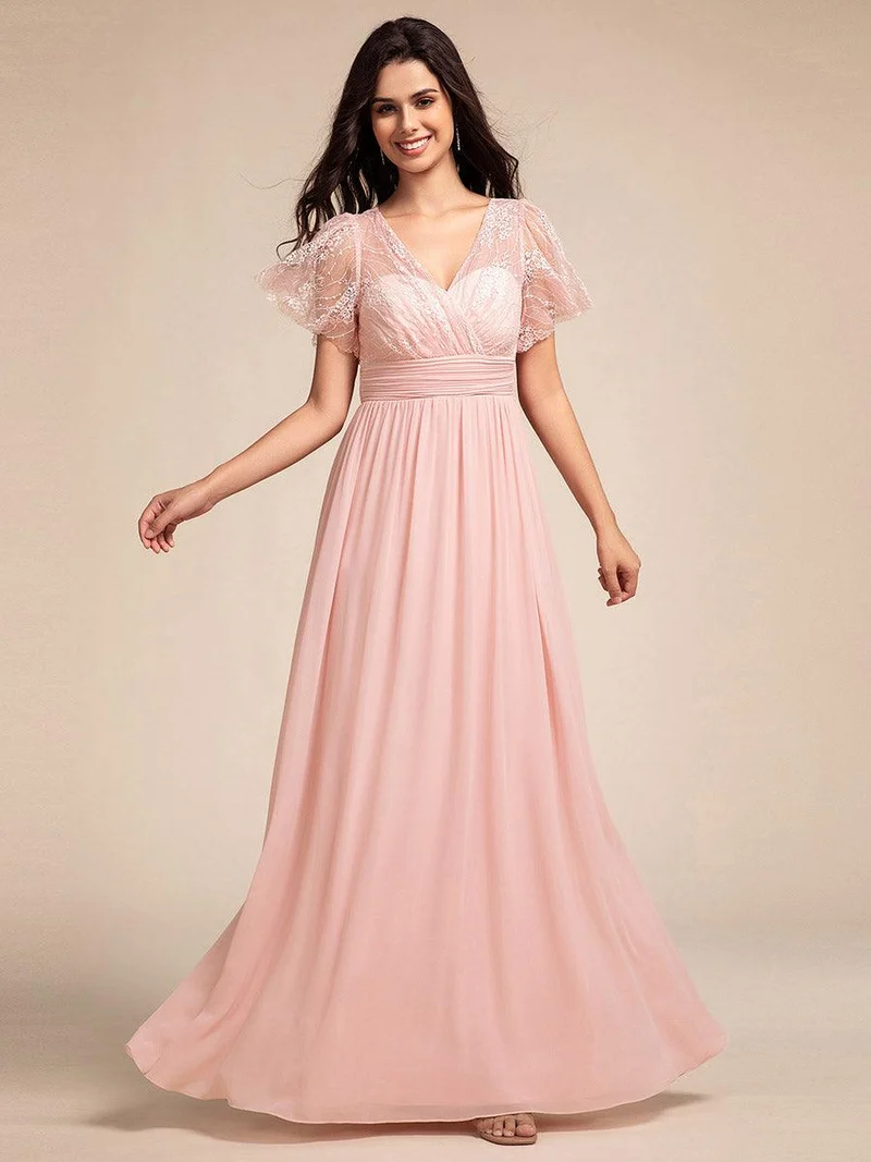 ever ROBYN|Robe longue de demoiselle d'honneur à manches flottantes et col en V en dentelle
