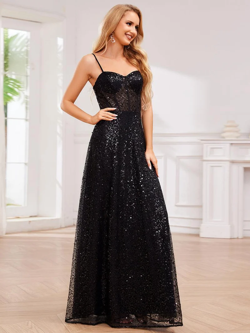 ever TAYTUM|Robe de soirée élégante à bretelles spaghetti et sequins(Vente Finale)