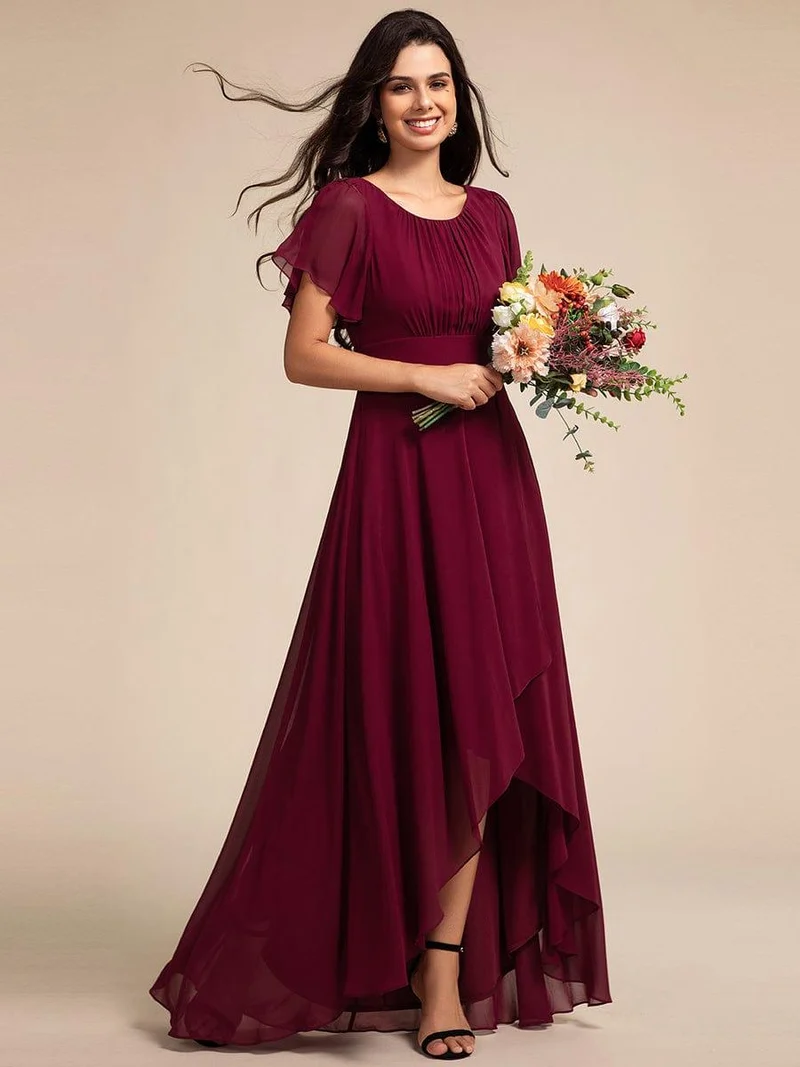 ever GIGI|Robe de demoiselle d'honneur élégante en mousseline de soie à col rond et manches courtes(Vente finale)