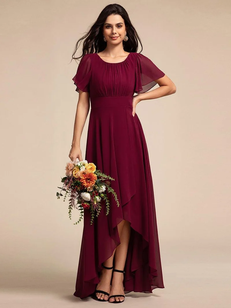ever GIGI|Robe de demoiselle d'honneur élégante en mousseline de soie à col rond et manches courtes(Vente finale)