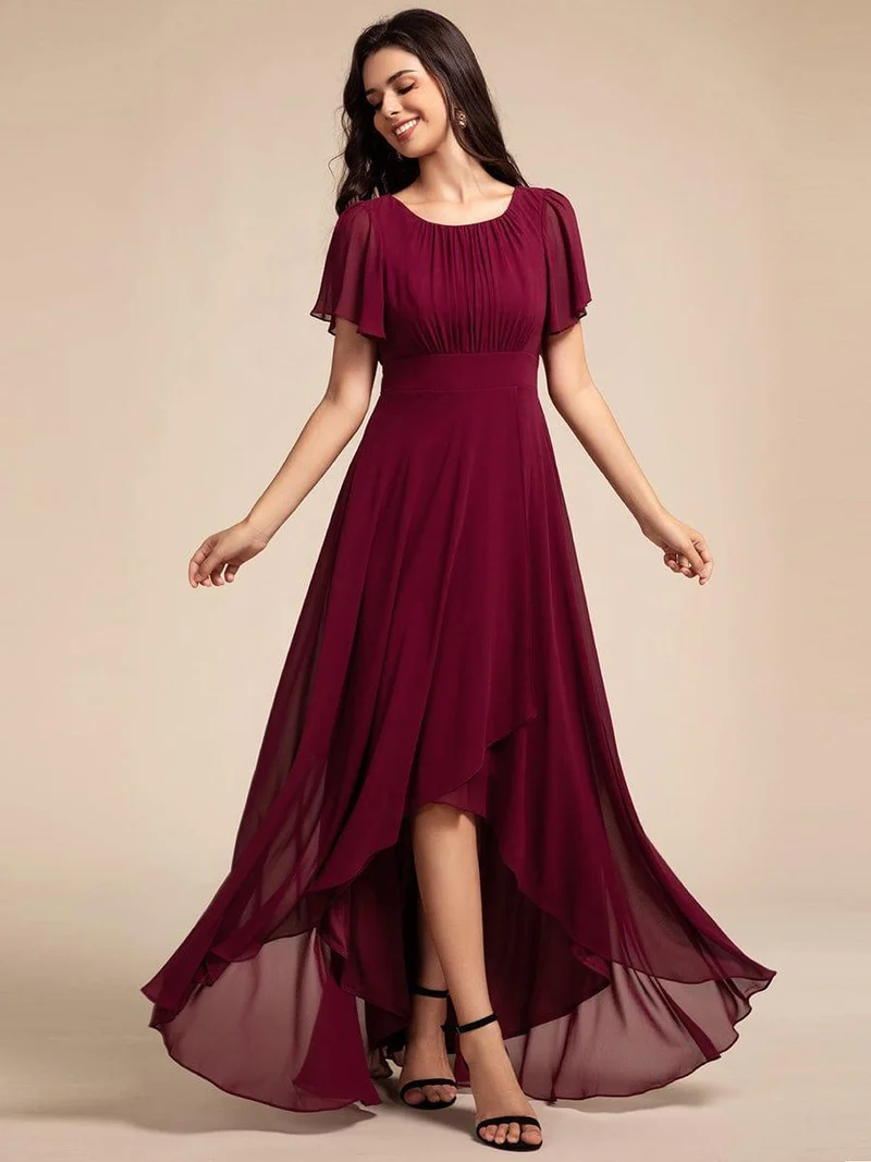 ever GIGI|Robe de demoiselle d'honneur élégante en mousseline de soie à col rond et manches courtes(Vente finale)