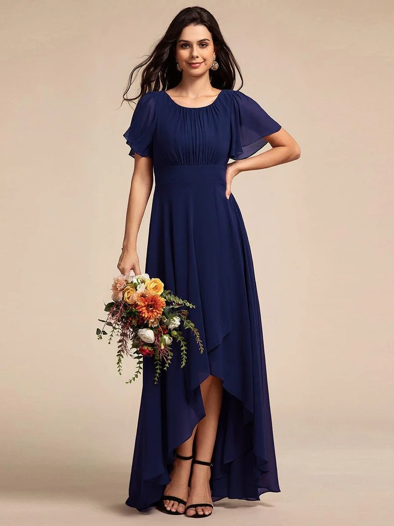 ever GIGI|Robe de demoiselle d'honneur élégante en mousseline de soie à col rond et manches courtes(Vente finale)