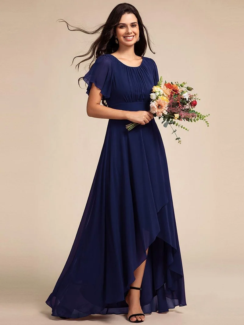ever GIGI|Robe de demoiselle d'honneur élégante en mousseline de soie à col rond et manches courtes(Vente finale)