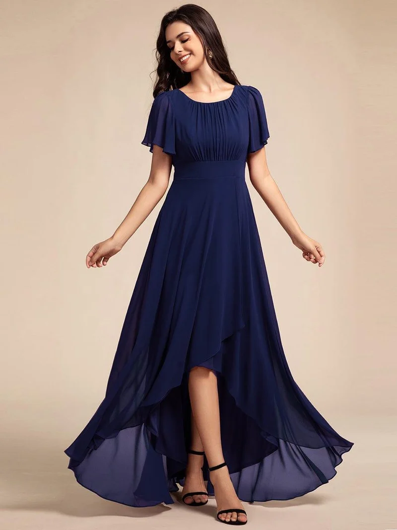 ever GIGI|Robe de demoiselle d'honneur élégante en mousseline de soie à col rond et manches courtes(Vente finale)