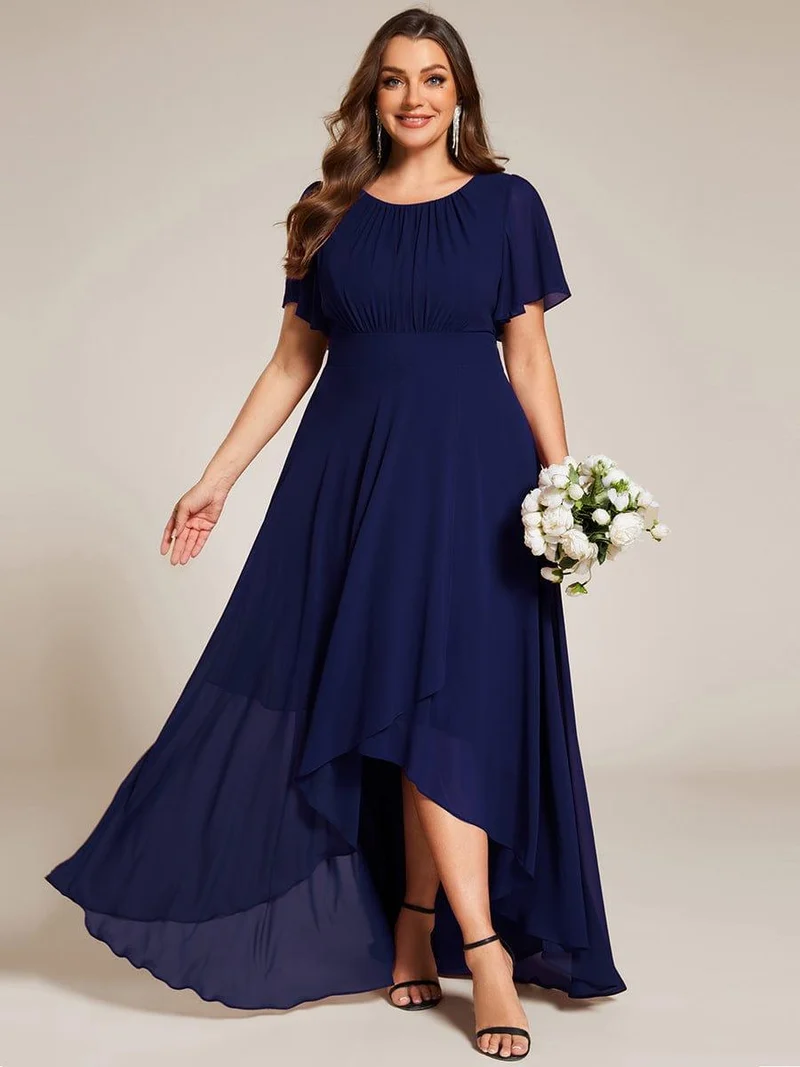 ever GIGI|Robe de demoiselle d'honneur élégante en mousseline de soie à col rond et manches courtes(Vente finale)