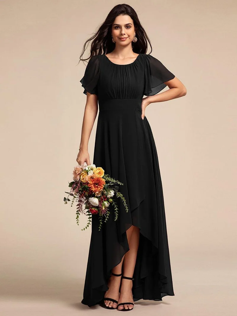 ever GIGI|Robe de demoiselle d'honneur élégante en mousseline de soie à col rond et manches courtes(Vente finale)