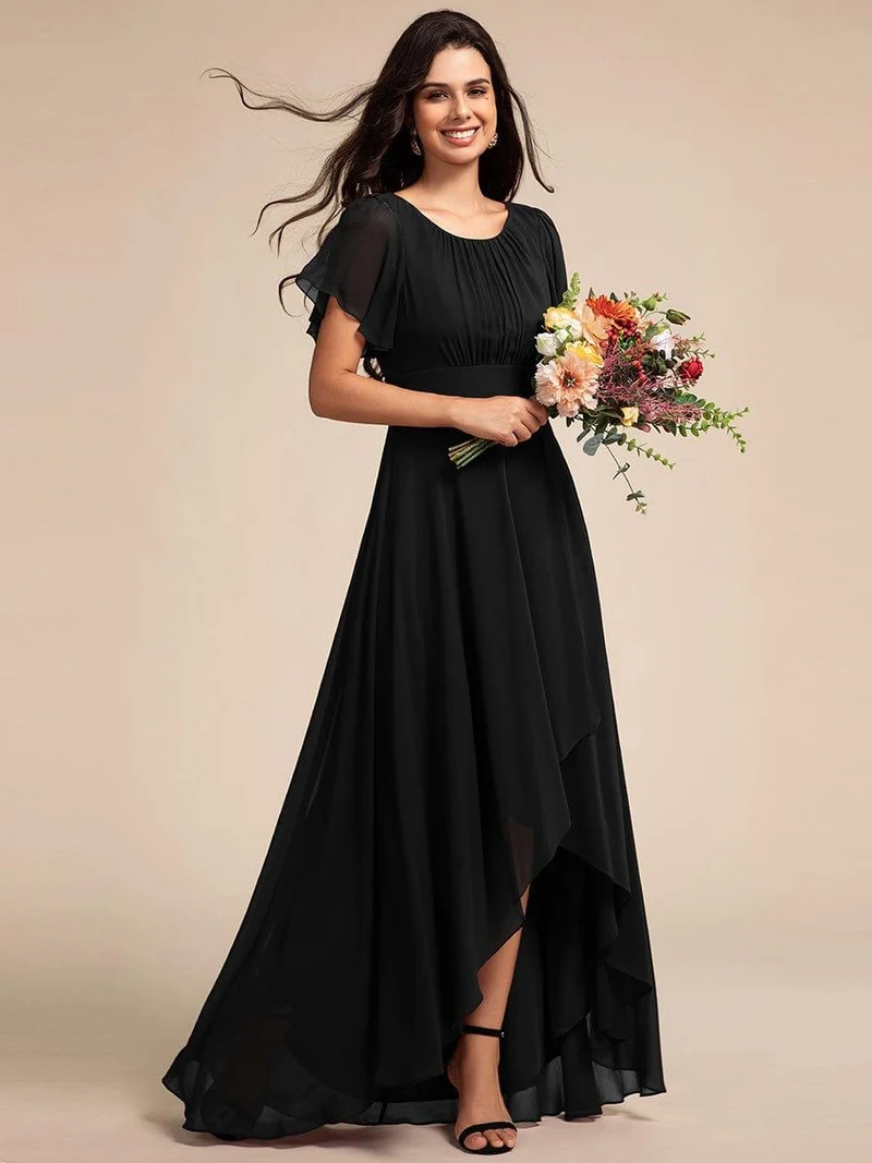 ever GIGI|Robe de demoiselle d'honneur élégante en mousseline de soie à col rond et manches courtes(Vente finale)