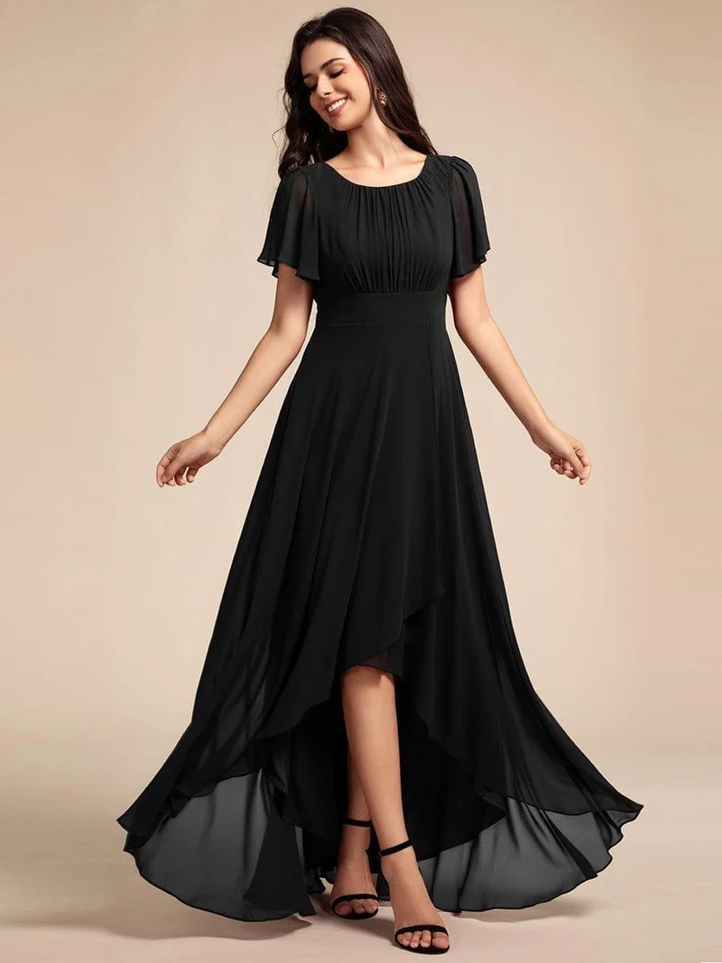 ever GIGI|Robe de demoiselle d'honneur élégante en mousseline de soie à col rond et manches courtes(Vente finale)