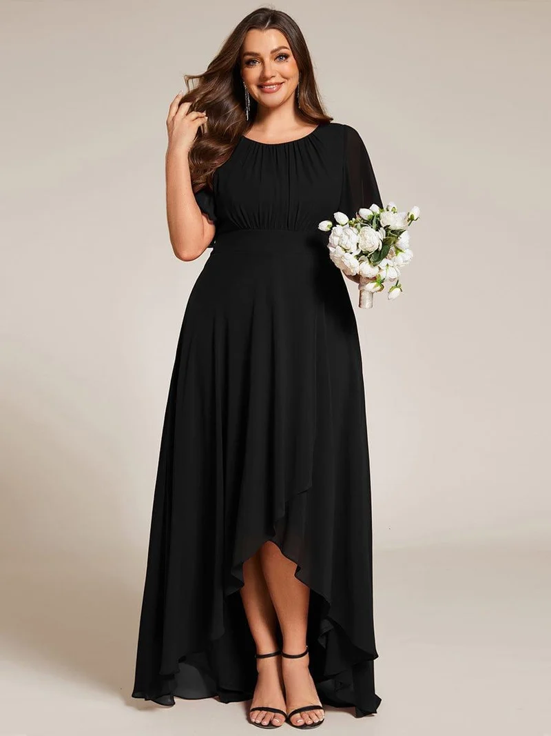 ever GIGI|Robe de demoiselle d'honneur élégante en mousseline de soie à col rond et manches courtes(Vente finale)