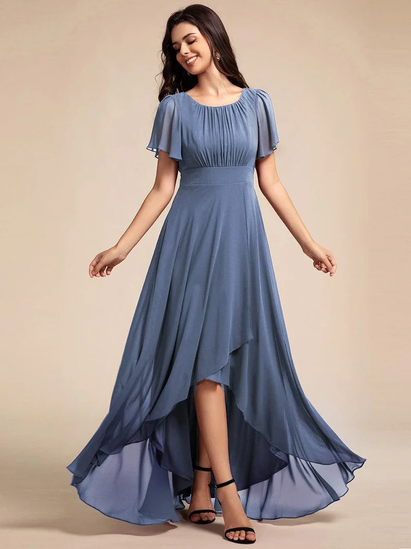 ever GIGI|Robe de demoiselle d'honneur élégante en mousseline de soie à col rond et manches courtes(Vente finale)