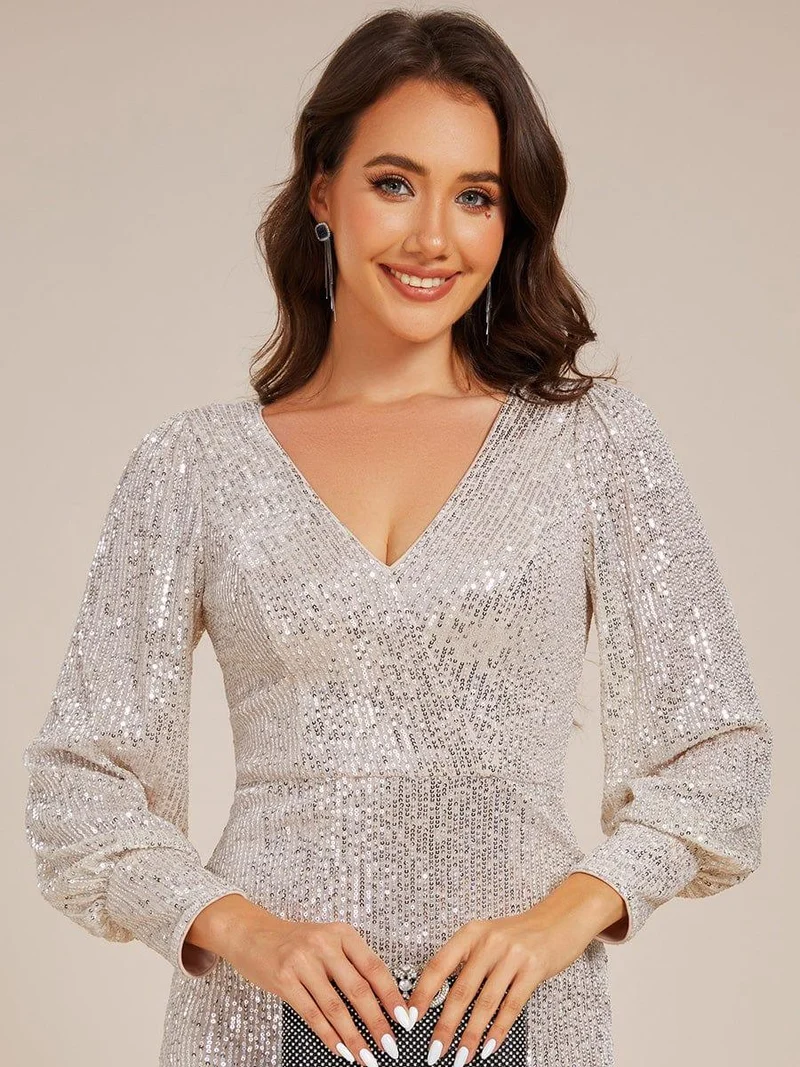 ever MAZIE|Robe d'invitée de mariage mi-longue moulante à manches longues et col en V à sequins(Vente finale)