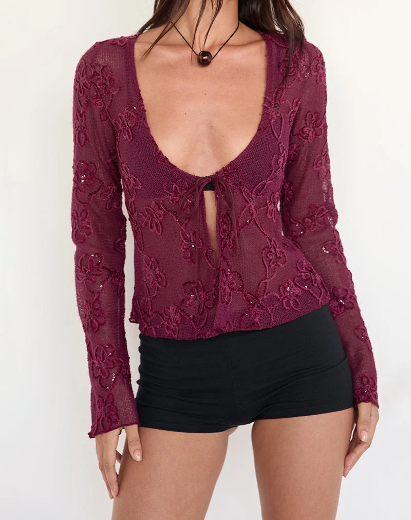 Cardigan Sukita en maille pailletée Bourgogne