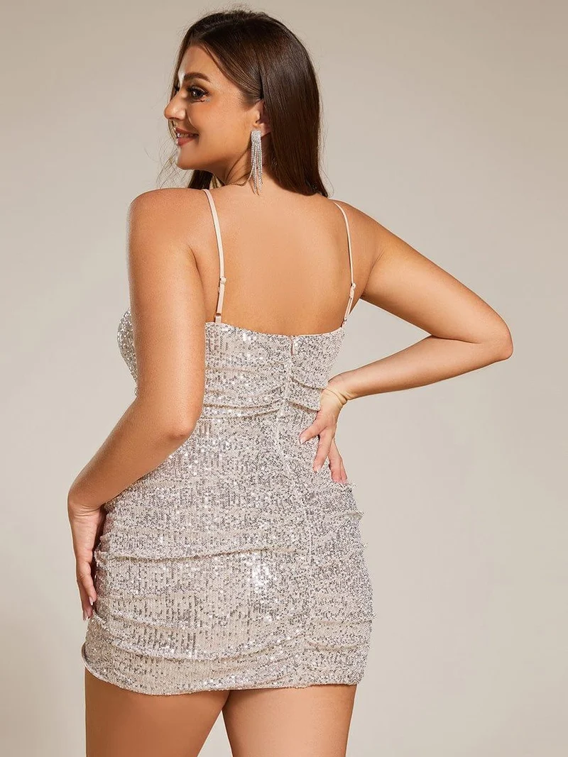 ever JESSY|Robe de bal courte moulante à bretelles spaghetti et col en V à sequins