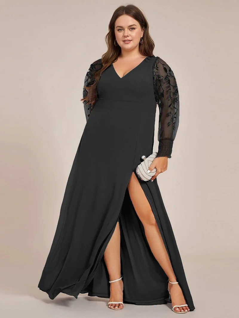 pretty RYLEE|Robe de soirée en mousseline de soie brodée à manches longues grande taille