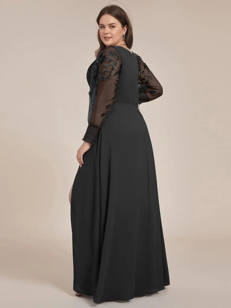 pretty RYLEE|Robe de soirée en mousseline de soie brodée à manches longues grande taille