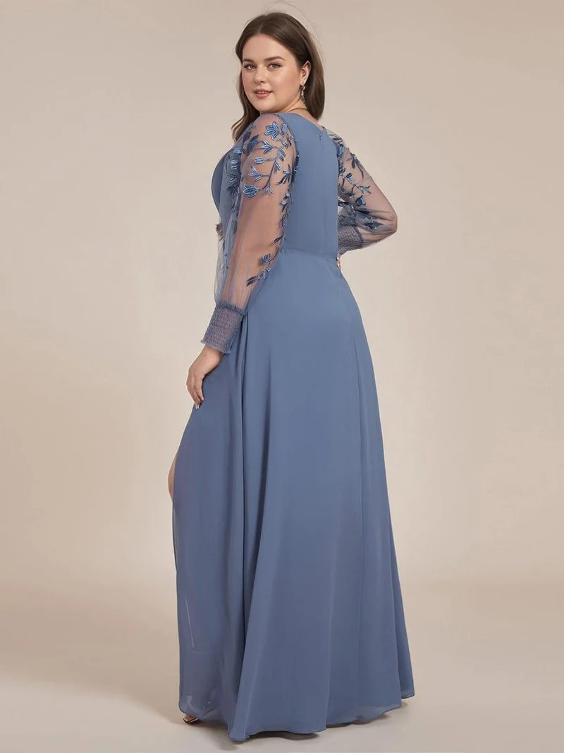 pretty RYLEE|Robe de soirée en mousseline de soie brodée à manches longues grande taille