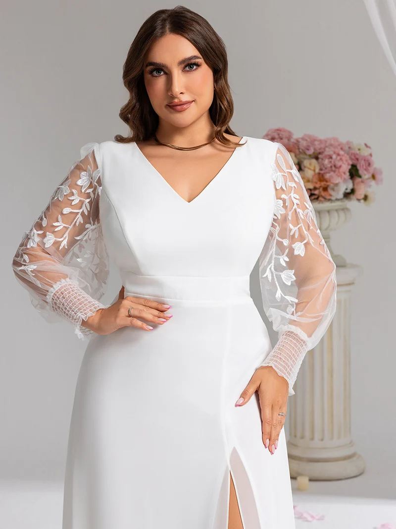 pretty RYLEE|Robe de soirée en mousseline de soie brodée à manches longues grande taille