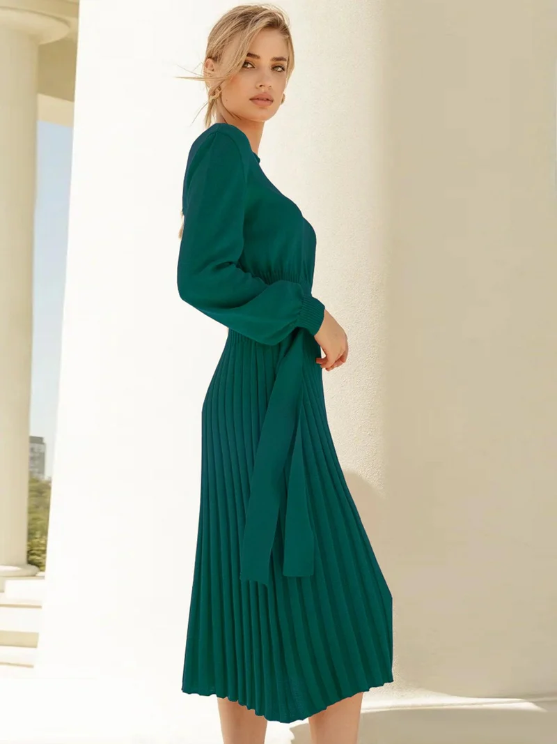Robe Pull Femme d'hiver Élégante Col Rond Ceinture Manches Longues Casual Chic