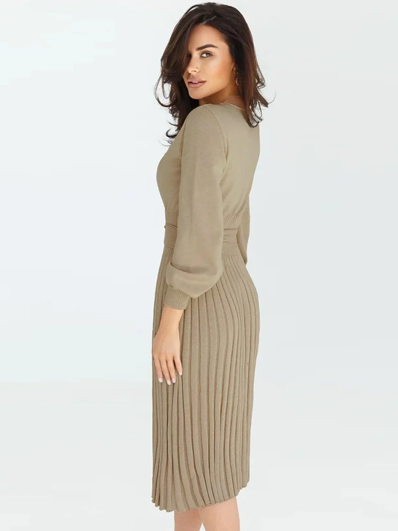 Robe Pull Femme d'hiver Élégante Col Rond Ceinture Manches Longues Casual Chic