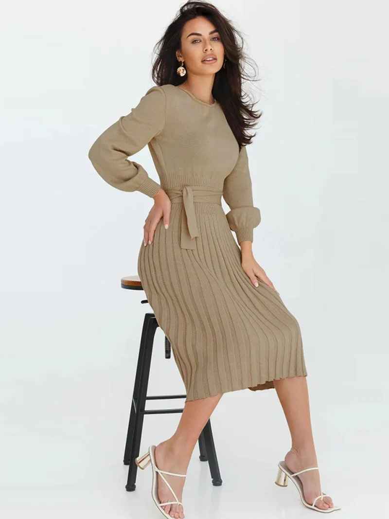 Robe Pull Femme d'hiver Élégante Col Rond Ceinture Manches Longues Casual Chic