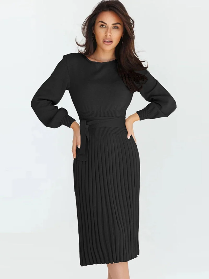 Robe Pull Femme d'hiver Élégante Col Rond Ceinture Manches Longues Casual Chic